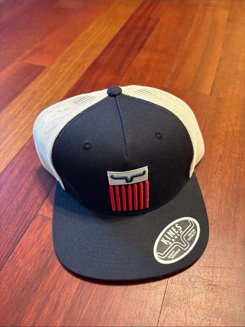 Kimes Ranch Black Front Trucker Cap with Cream Mesh and Red Patch NWOT